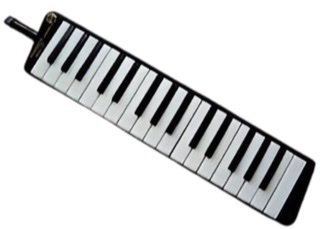 A color photographic cutout of a melodica.