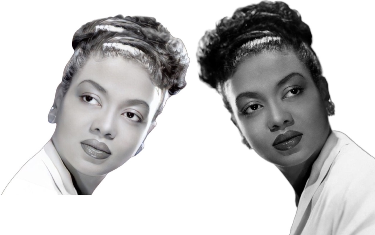 A diptych of Hazel Scott wearing round earrings and dark lipstick.