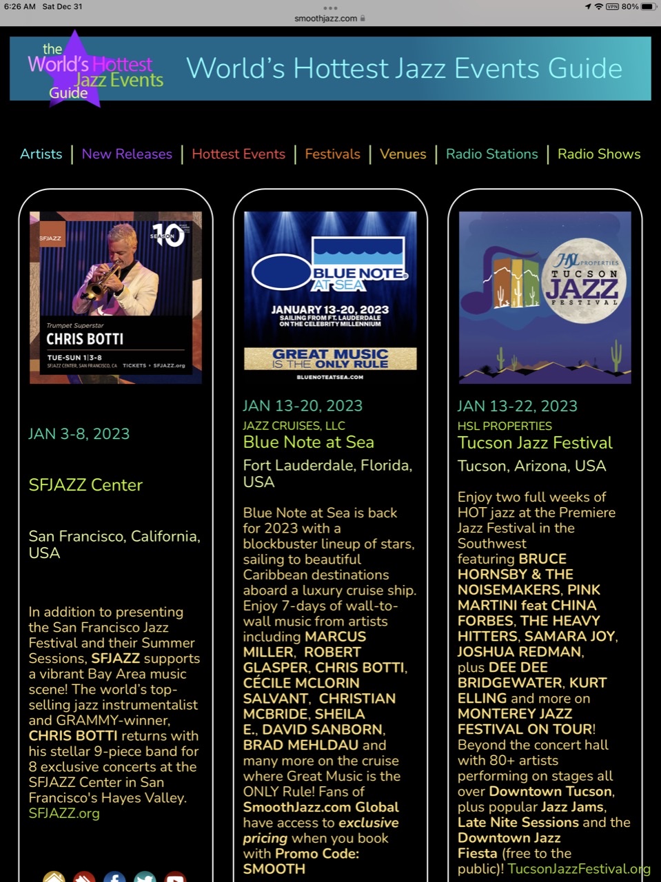 Three announcements of jazz festivals in early 2023 with jazz trumpeter Chris Botti at the SFJazz Center, Blue Note Jazz at Sea, and the 2023 Tucson Jazz Festival.