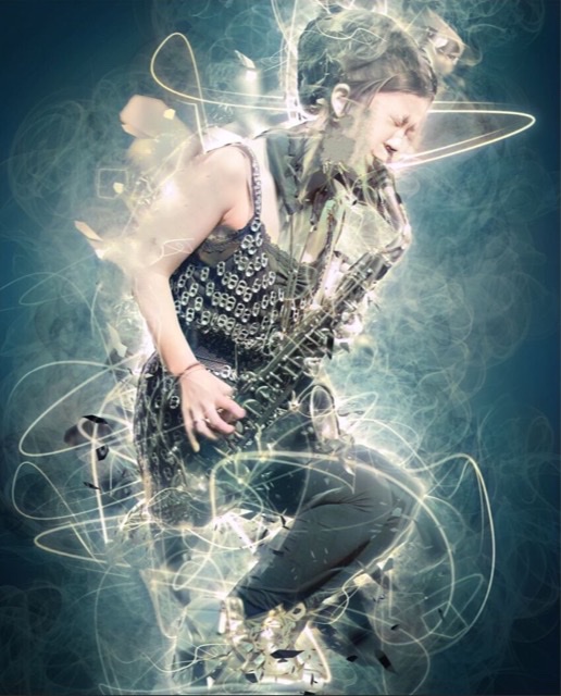 A colorized photo of saxophonist Grace Kelly crouched down facing her left blowing hard on her saxophone with energy swirling graphic overlays around her.