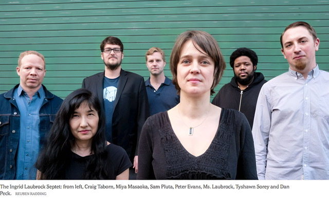 An enhanced color photograph of the band members from Ingrid Laubrock's album "Serpentines."