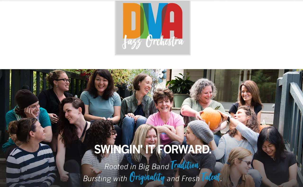 DIVA Jazz Orchestra group shot if them sitting together and laughing.