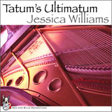 The album cover for "Tatum's Ultimatum" by pianist Jessica Williams with a closeup of the inside of a piano bathed in yellow and purple light.