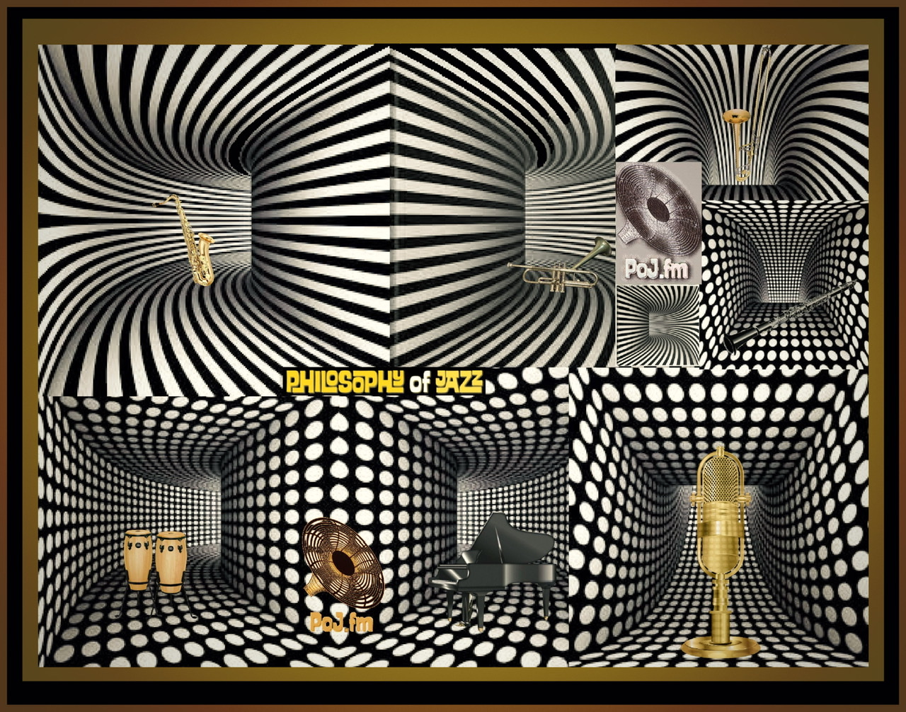 A framed series of multiple black and white curved corridors with individual musical instruments at the mouth of each one with PoJ.fm logos.