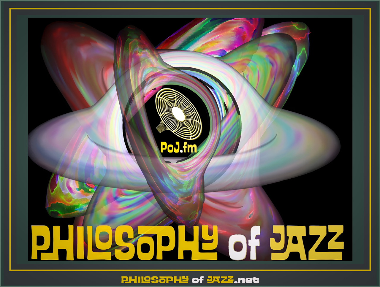 A gray framed enhanced color graphic of six differently colored swirling black holes with a PoJ.fm logo at the center.