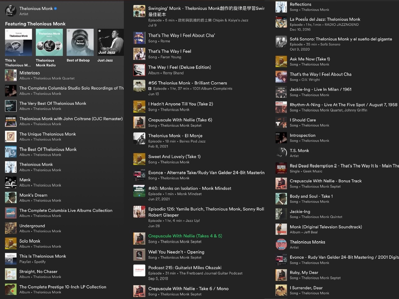 The Thelonious Monk discography with three columns of album covers and titles pictured on a black background at Spotify.com