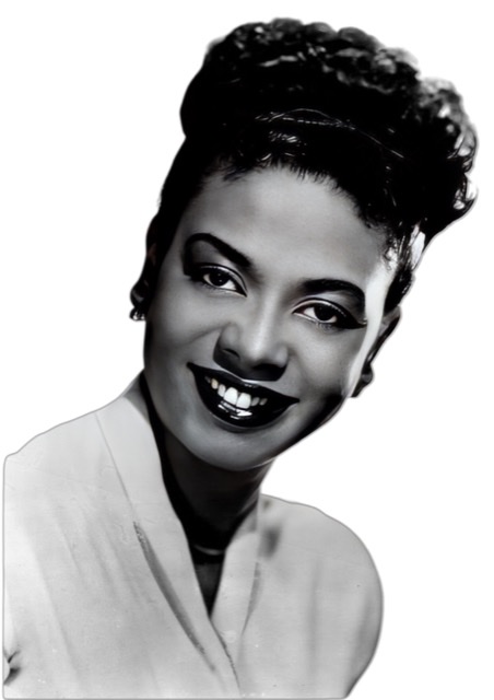 A black and white photograph of a headshot of Hazel Scott wearing small earrings and dark lipstick 💄.