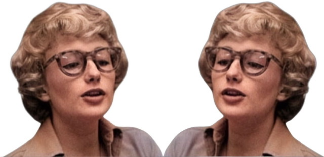 Colorized photographic mirroring cutouts of Blossom Dearie's head(s) looking inward photographed in 1957.