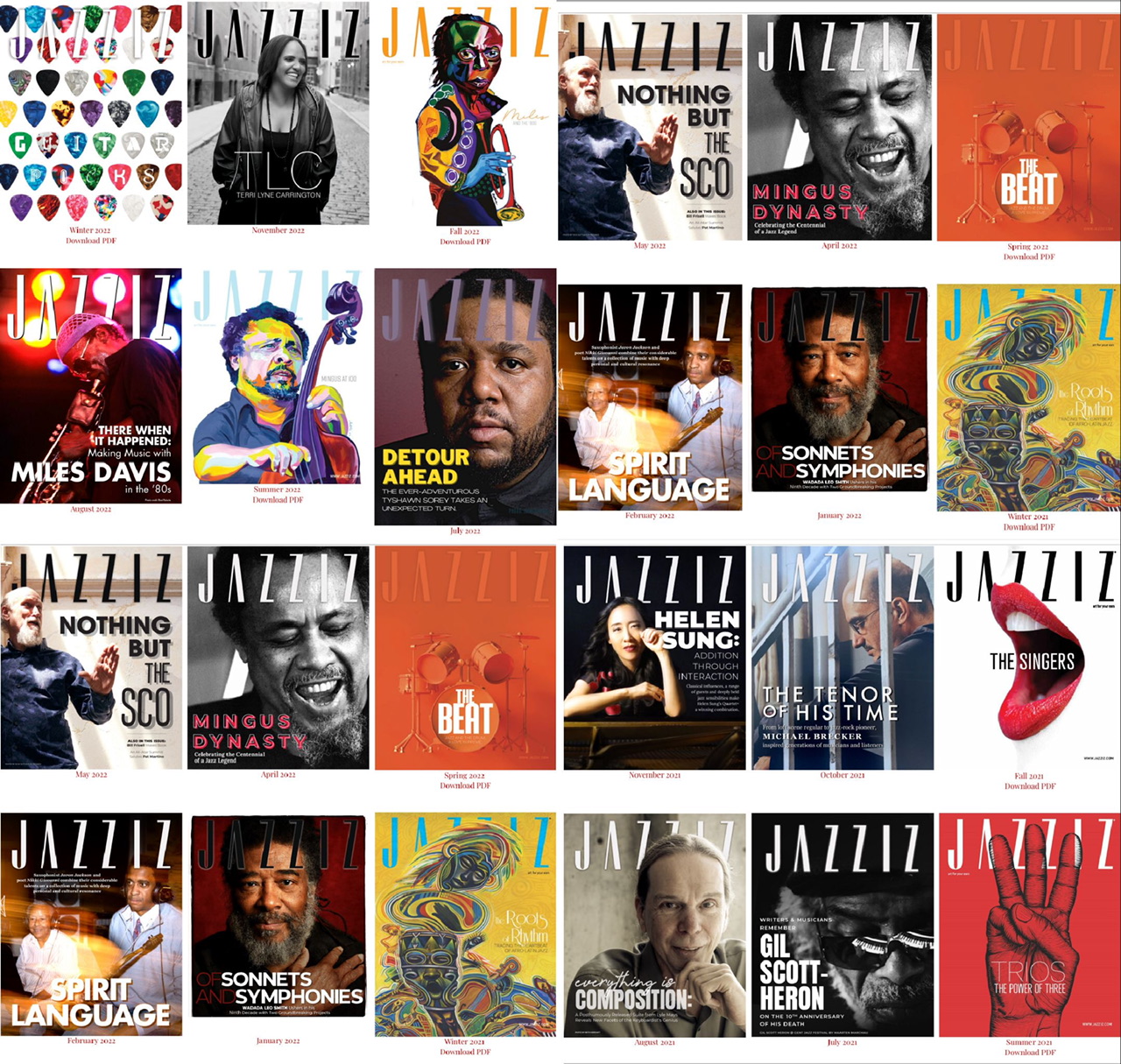A composite of twenty-four Jazziz magazine covers in color.