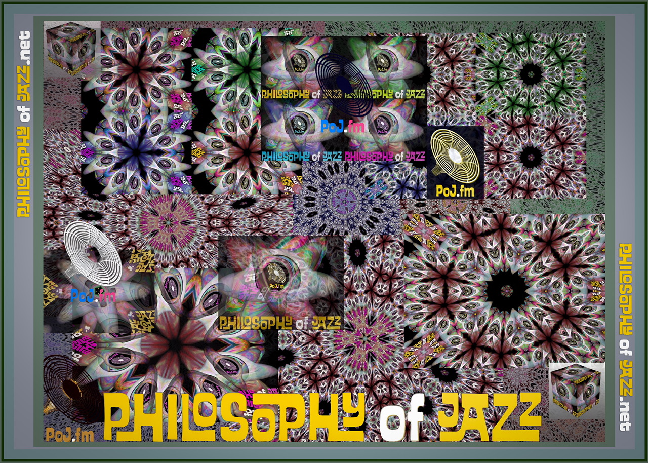 A gray framed super complex composite of colored graphics using the effects of kaleidoscope and lomographic collage with PoJ.fm logos.