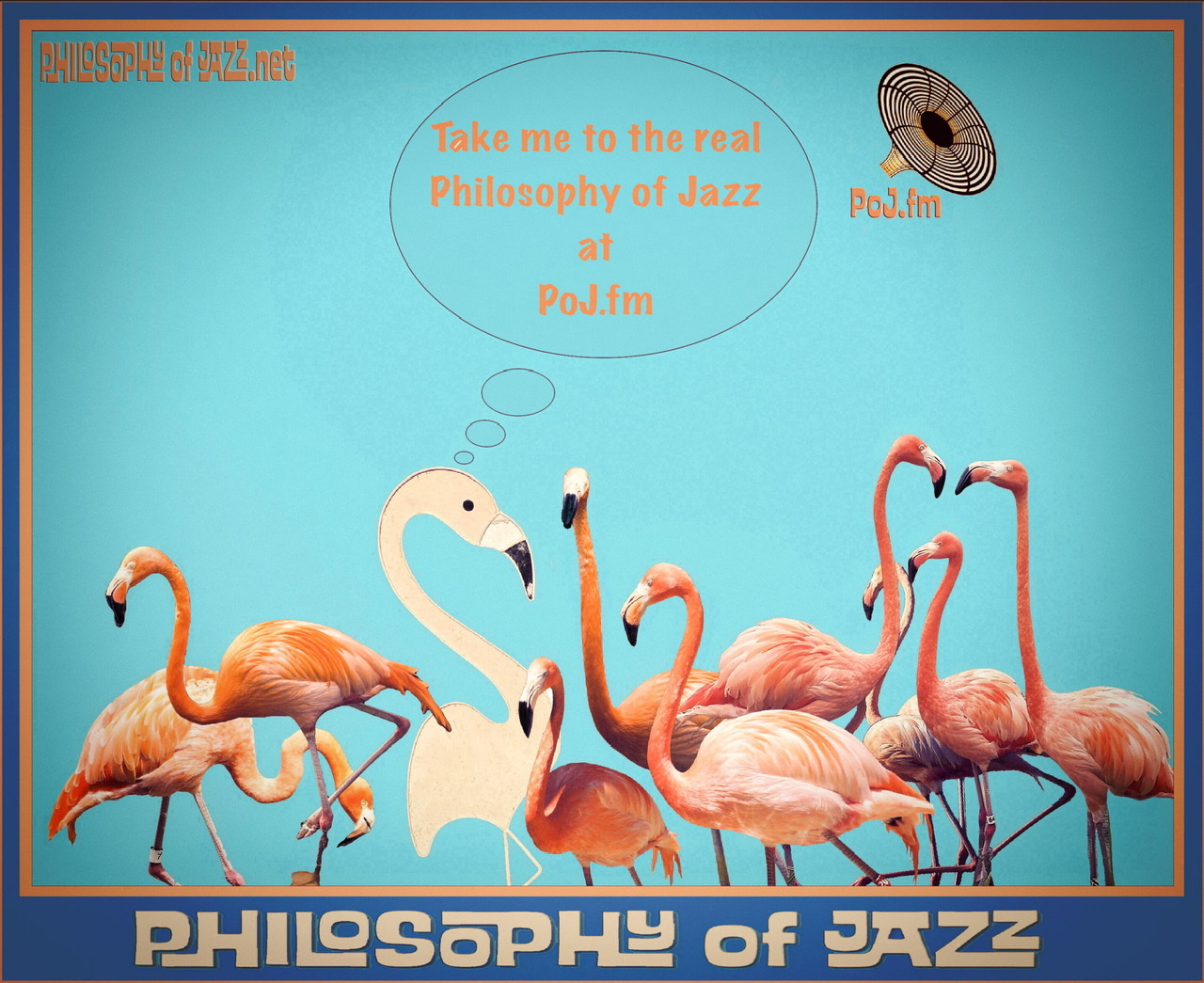 A composite of a flat metal lawn beige flamingo asking to go to the real PoJ.fm surrounded by cutout photographs of actual orange creamsicle colored flamingoes.