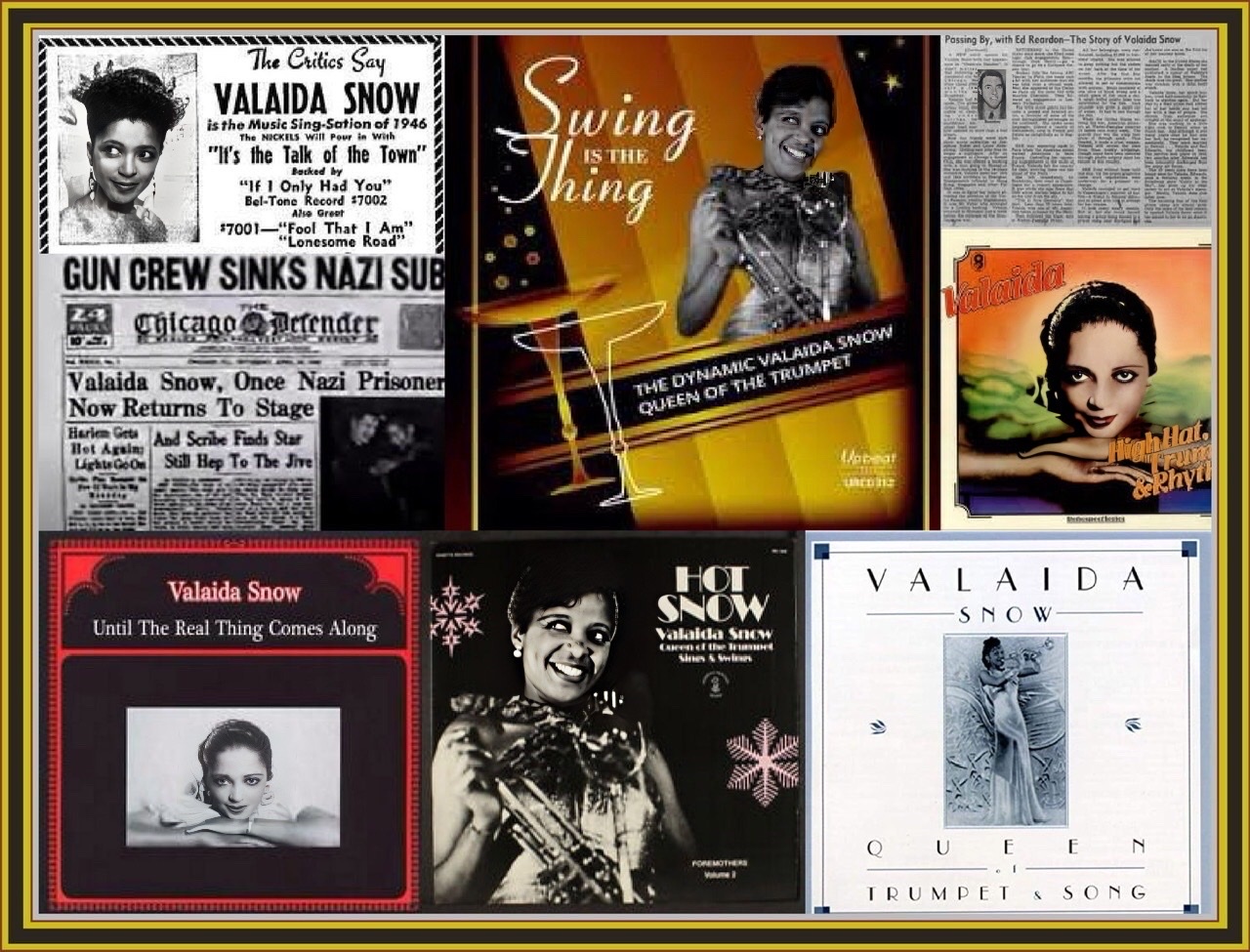 Composited photograph cutouts of Valaida Snow in the 1940s.