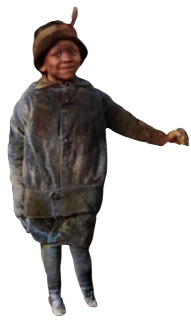 A colorized photograph of Charlie Christian when three years old facing the camera standing wearing a pull-over cap with a feather sticking up off the back right side while wearing a heavy fastened outdoor jacket.  Some websites claim the same photograph to be of saxophonist Charlie Parker.