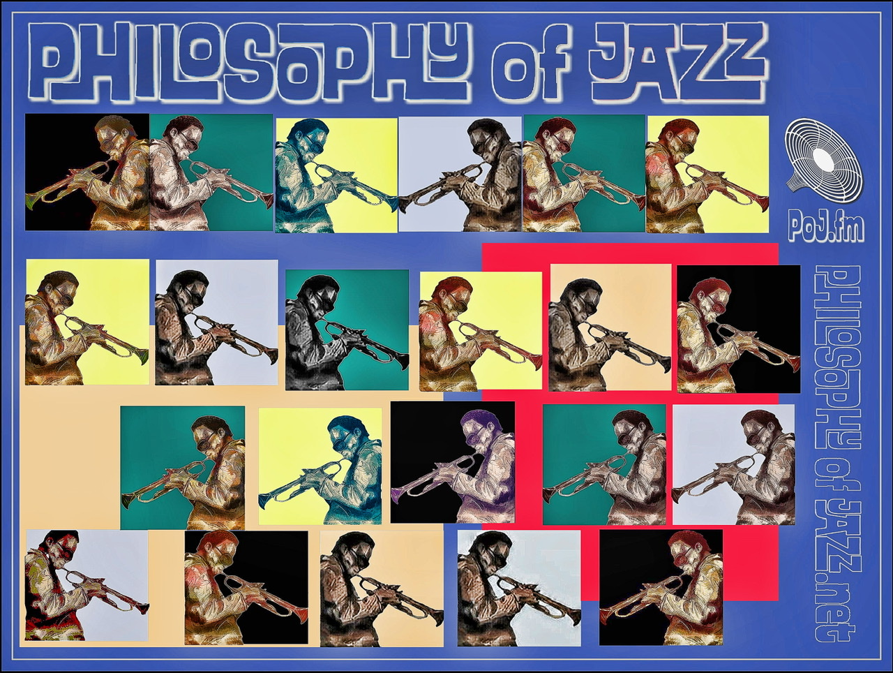 A framed composite of twenty-two of the same drawing of Miles Davis bent forward playing his trumpet, but with different colorations and each drawing inside of a monochrome square of different colors with PoJ.fm logos.