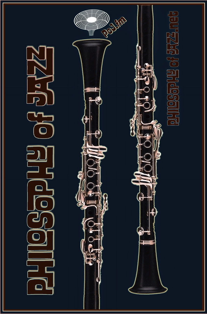 A graphic of two giant black reversed clarinets on a dark blue and blackish background with PoJ.fm logos and framed.