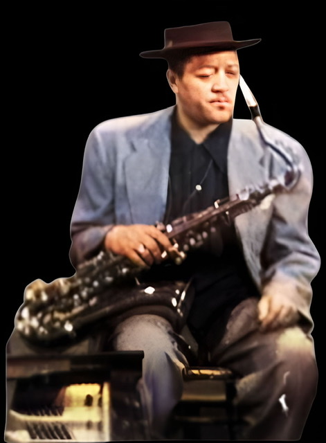 A very enhanced and colorized detailed photographic cutout of Lester Young holding his saxophone sideways on his right thigh.