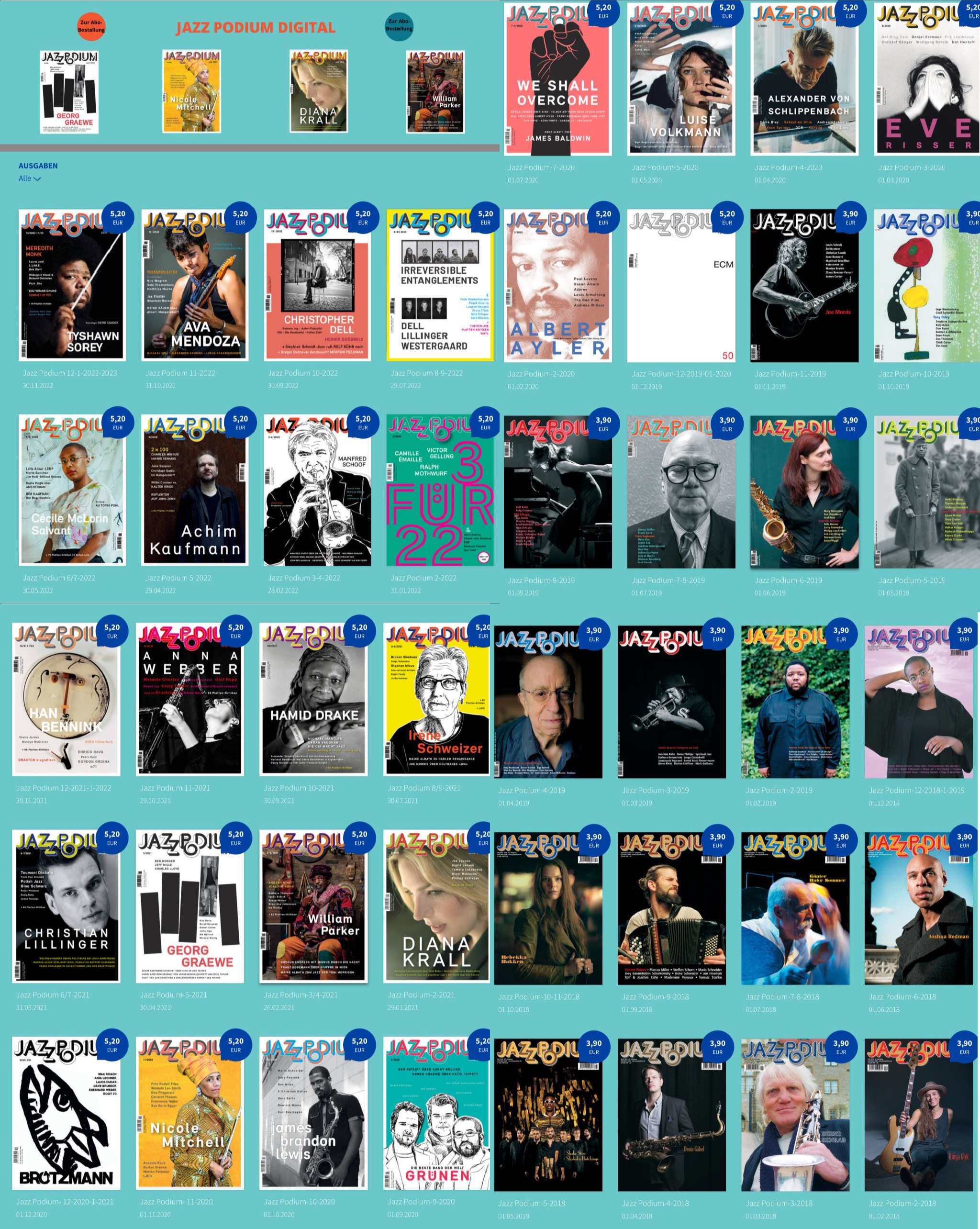 A composite of four digital and forty-eight print magazine covers (not all of them) of the German magazine Jazz Podium.