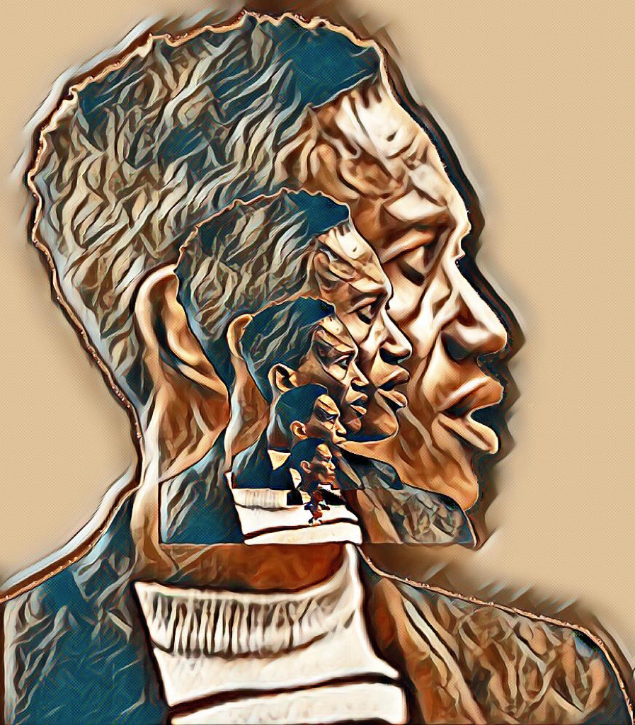 A computer transformation into cartoon painterly effects of a headshot of Don Cherry with the same headshot embedded and decreasing in size over and over five times.