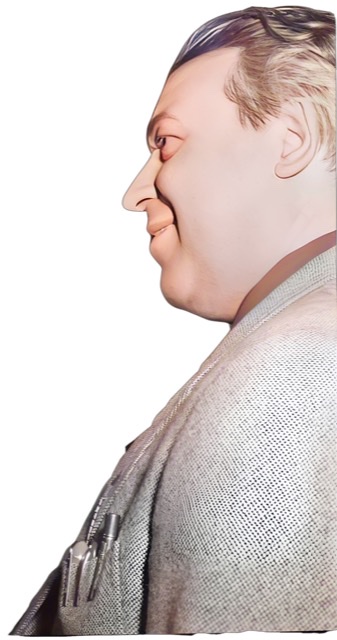 An enhanced and colorized photographic detail of Hughes Panassie's head in left profile.