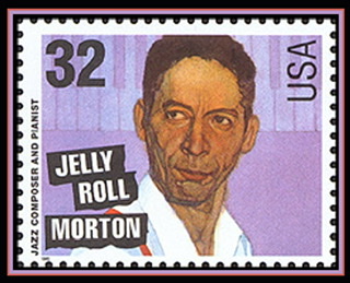 A color image of a U.S. stamp of Jelly Roll Morton.