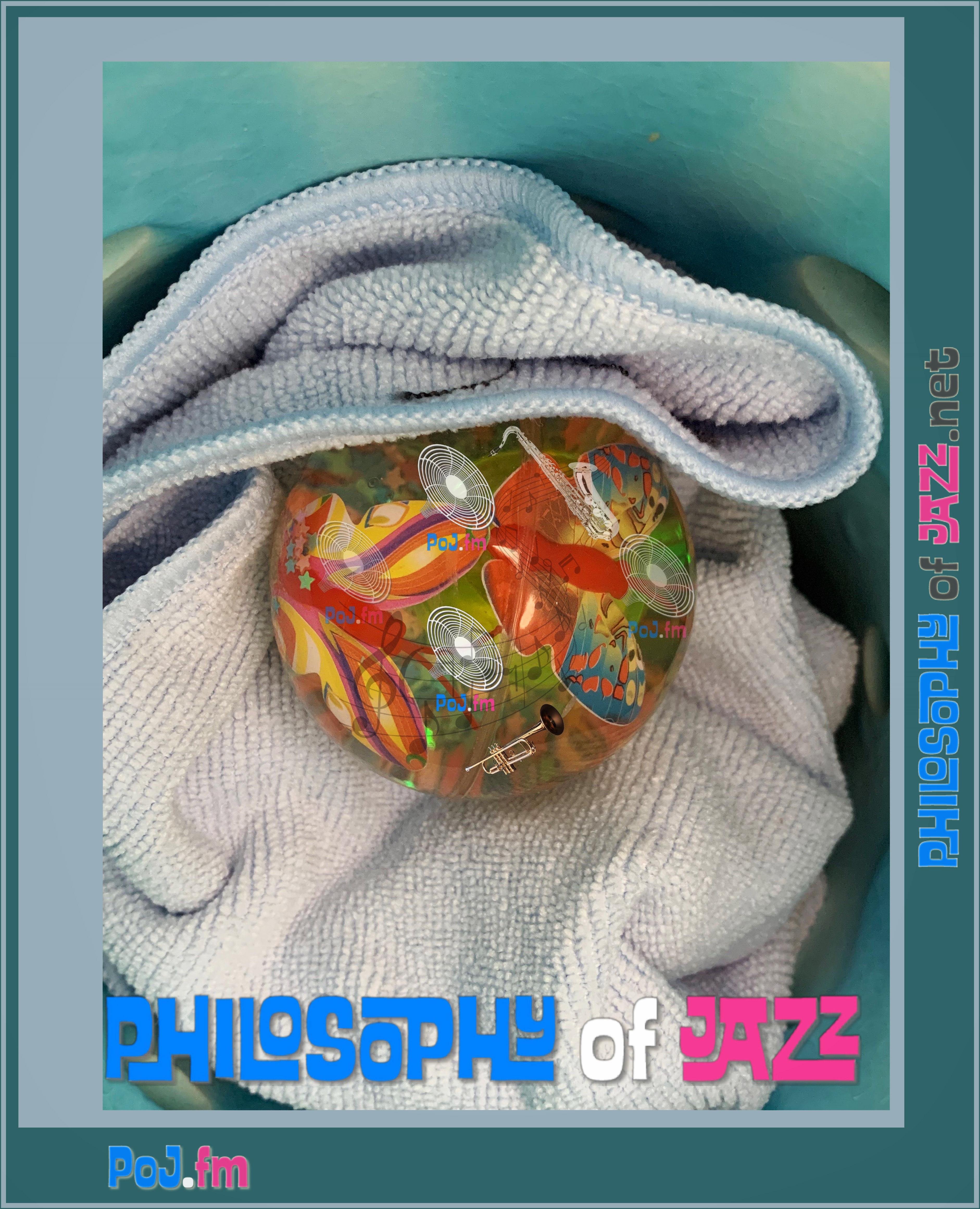 A framed color photograph of a translucent plastic ball containing butterfly images with added PoJ.fm logos inside engulfed by a light sky-blue microfiber cloth.