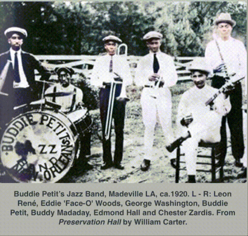 An enhanced, colorized, and animated Buddie Petit holding his cornet in his hand while moving his head surrounded by his bandmates.