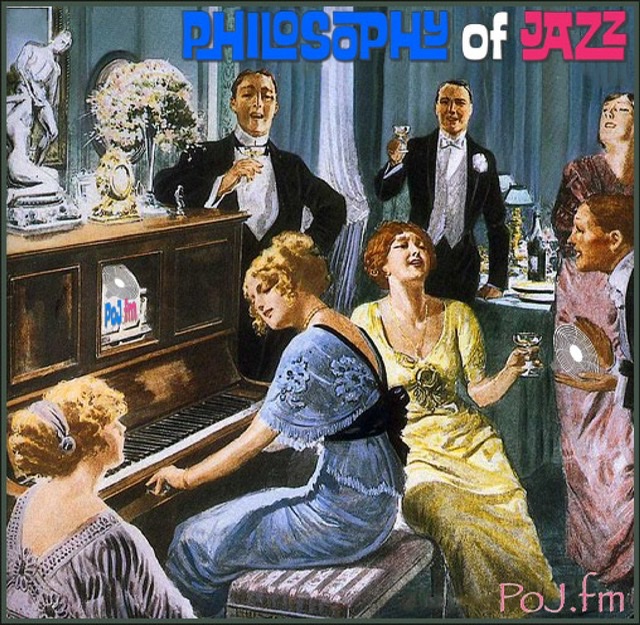 A painting in color of a salon party around 1920s with men and women and an upright player piano with the PoJ.fm logo written on music scroll for that piano.