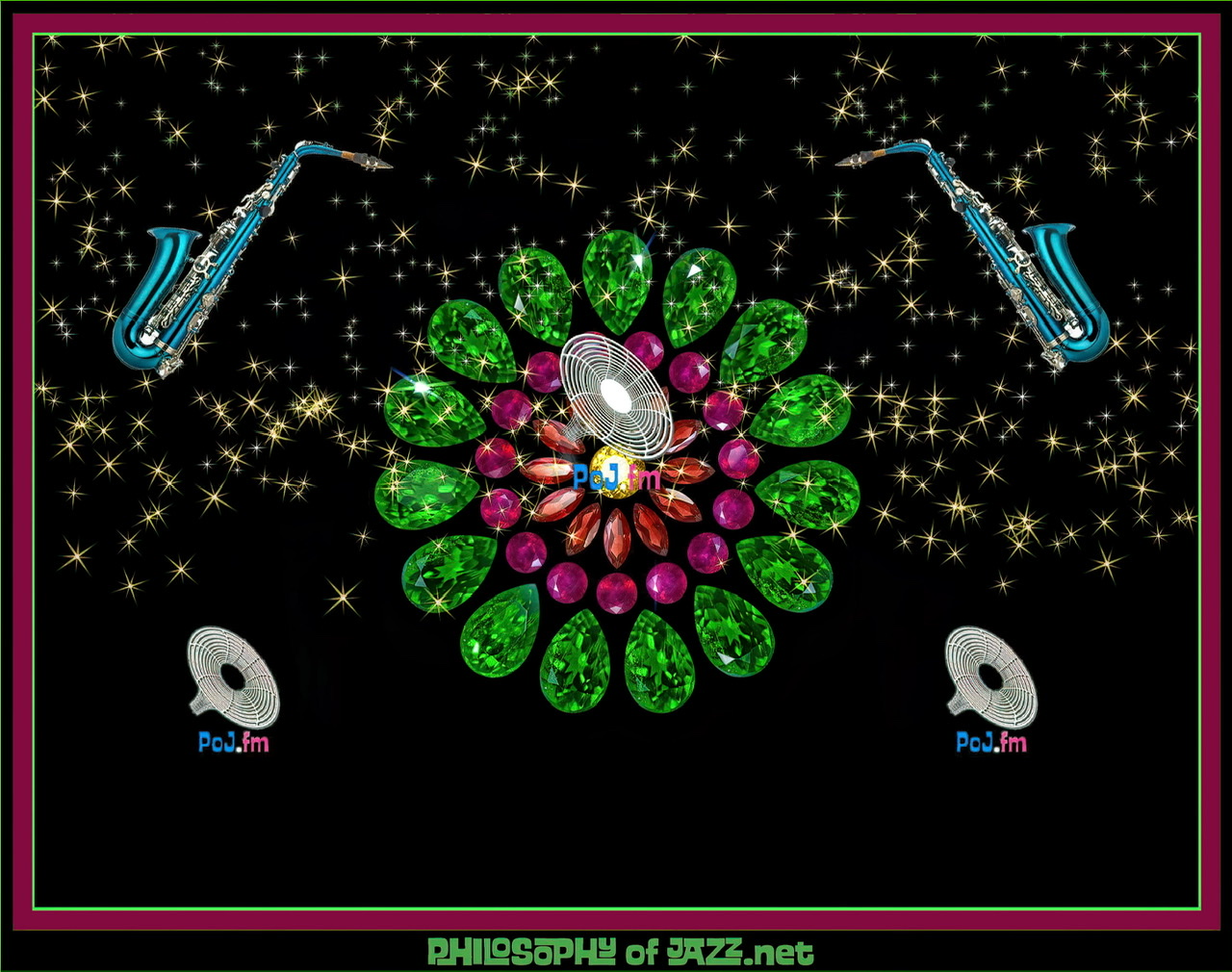 A framed graphic of a jeweled mandala central figure in multi-colored sparkling gemstones with shiny blue metal saxophones hover on either side and PoJ.fm logos.