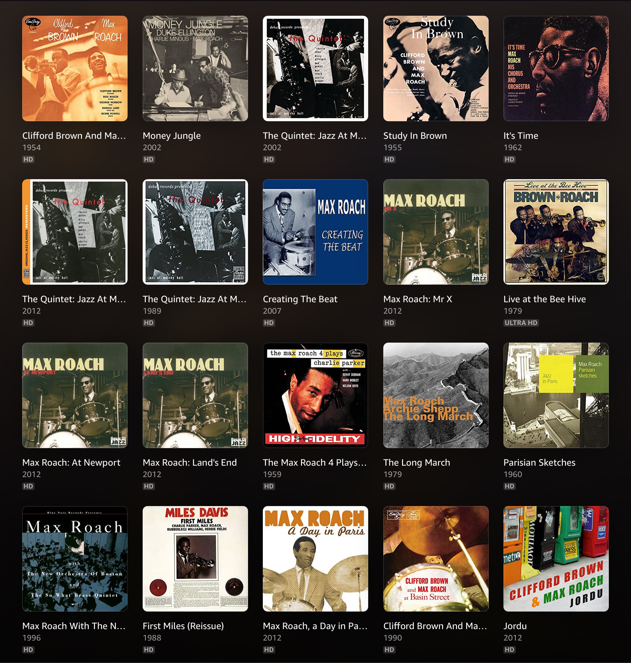 A collage of Max Roach's album covers.