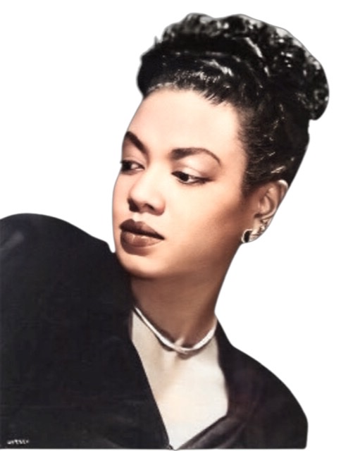 A colorized black and white photograph of Hazel Scott] wearing stylish emerald-looking earrings.