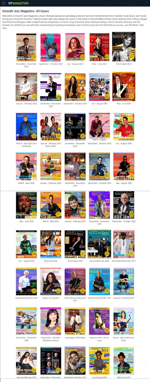 A compilation of every cover of Smooth Jazz Magazine except for the first issue.