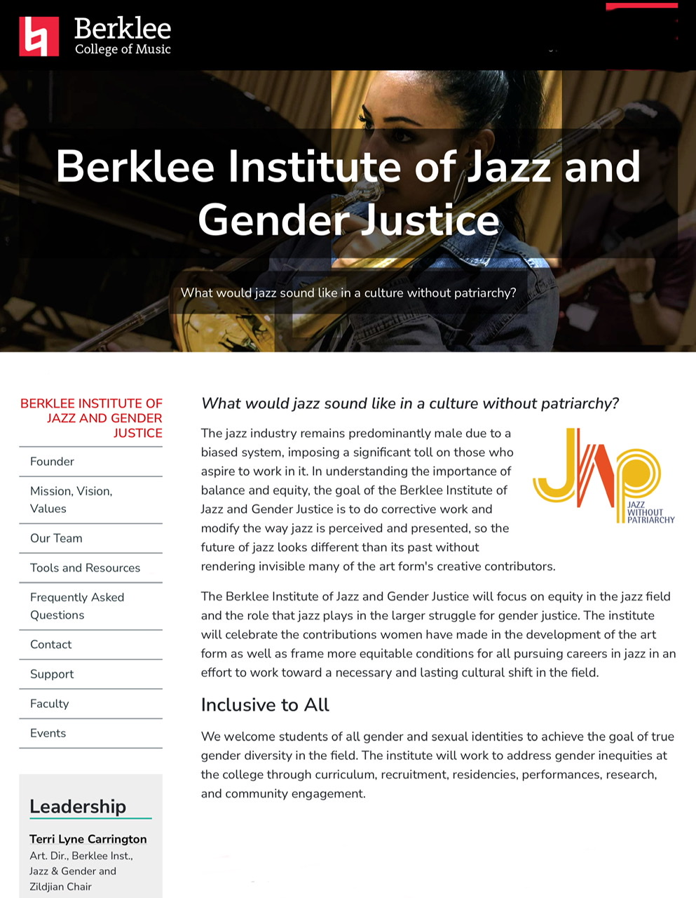 An edited version of a screen capture from the main page of the Berklee Institute of Jazz and Gender Justice website.