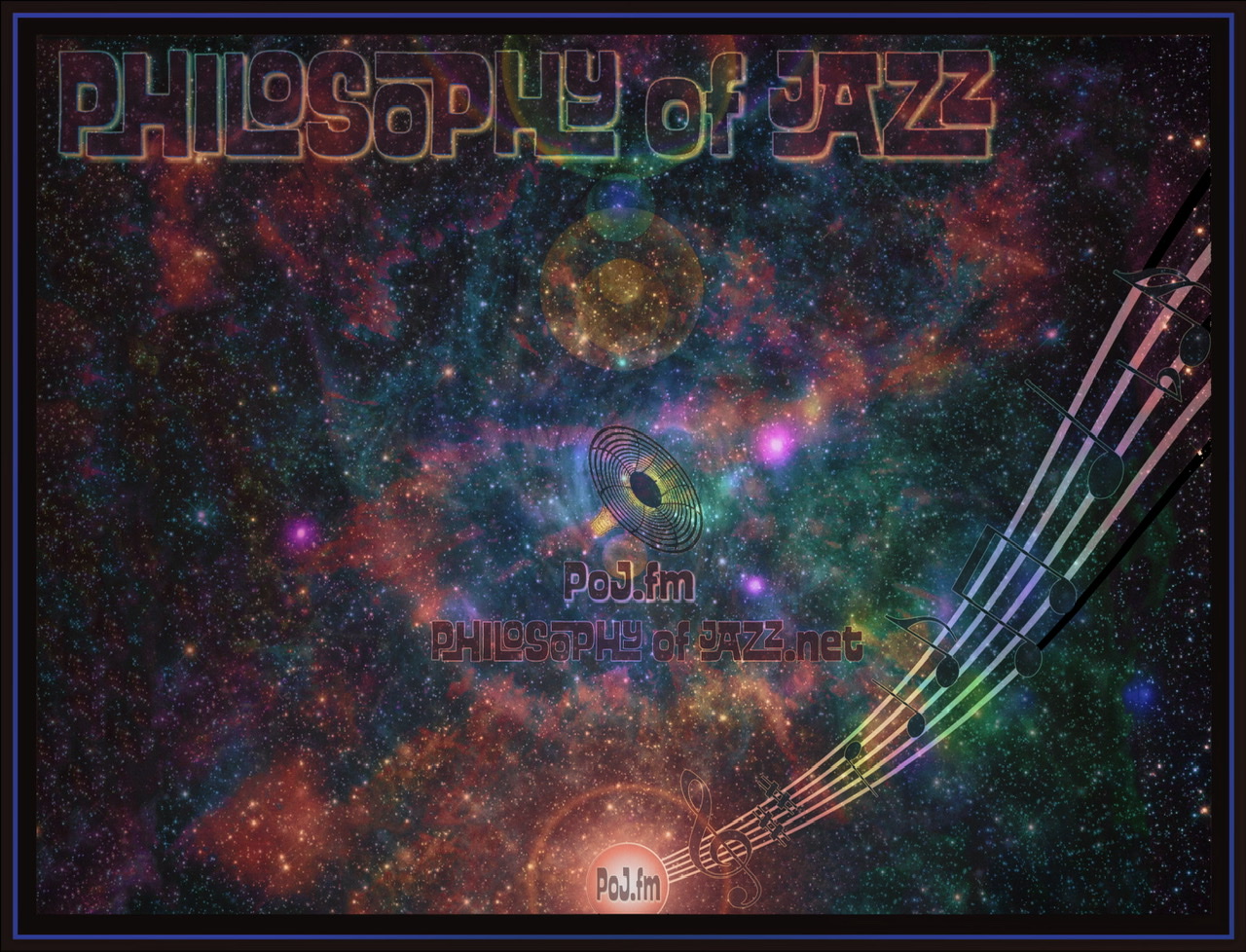 A framed colored graphic of overlapping transparent Hubble telescope 🔭 photographs of galaxies with PoJ.fm logos added.