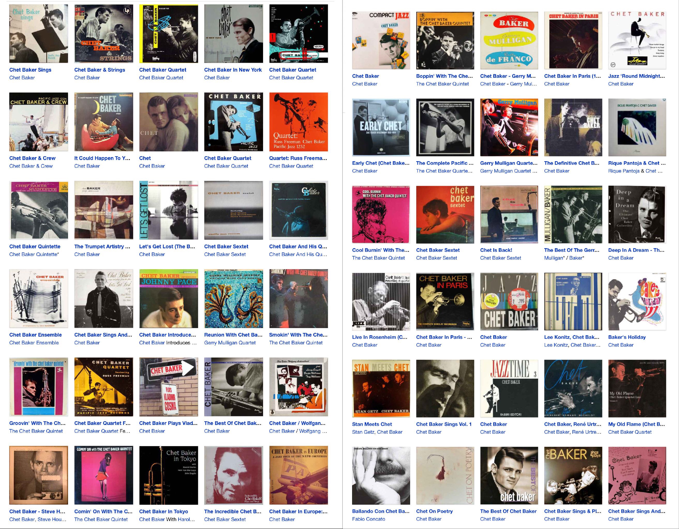 A color composite of many of Chet Baker's album covers with titles.