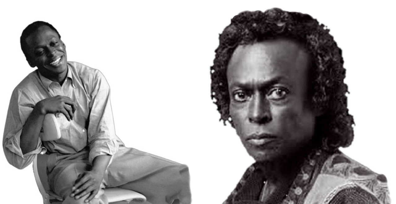 A composit of a mid-twenties Miles Davis slouching in chair on left with a middle-aged unsmiling Miles with curly hair.