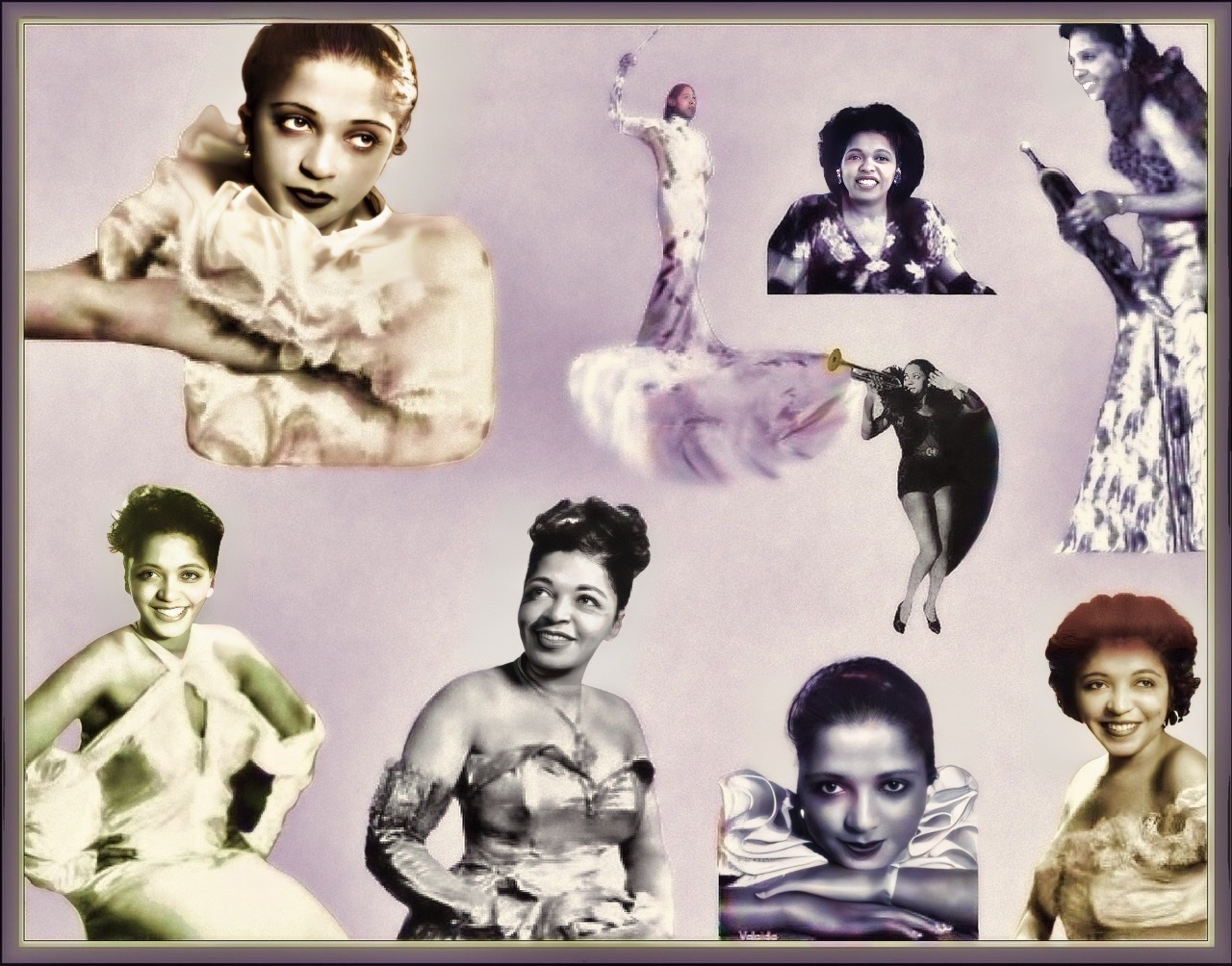 Nine cutout photographs of Valaida Snow distributed over the entire page with some in color.