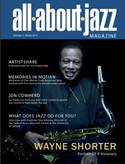 A color photograph of the first issue of All About Jazz magazine, No. 1, Winter 2014 with a smiling saxophonist Wayne Shorter on a rich dark blue background.