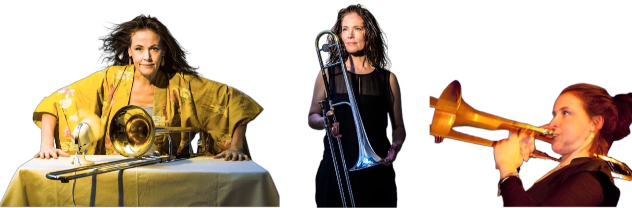 Three enhanced color photographic cutouts of Lis Wessberg with her trombone.