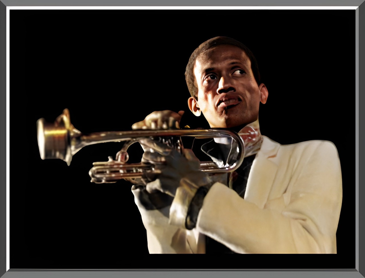 A colorized photograph cutout in 3D of Don Cherry in a yellow sports coat holding an upraised trumpet facing to his left.