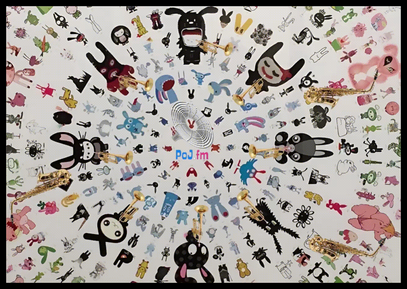 A black framed .gif of circular concentric circles in the beige colored background composed of Korean style cartoon-like animals arranged in expanding concentric circles with added musical instruments of trumpets then saxophones with the words "Philosophy of Jazz" in white font swelling into view on a loop and a PoJ.fm logo statically centered.