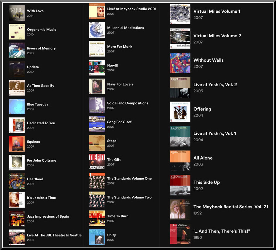A 3D black then inner frame white framed composite of all of the album covers and titles available to play full songs from Spotify.net on a black background.