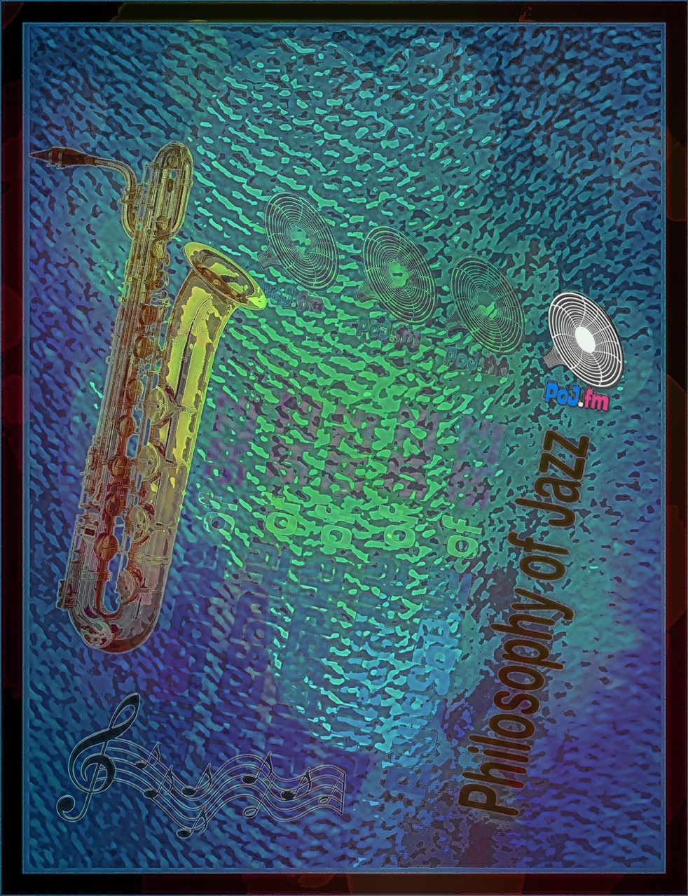 A framed color graphic of colorful fading neon green in center with dark blues surrounding stained glass with shiny golden saxophone on left center appearing to spew out five PoJ.fm logos.