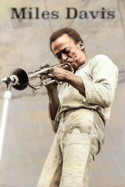A 2D picture of a 3D colorization of Miles Davis playing his trumpet while standing and facing to his left in a white shirt at a standing microphone.