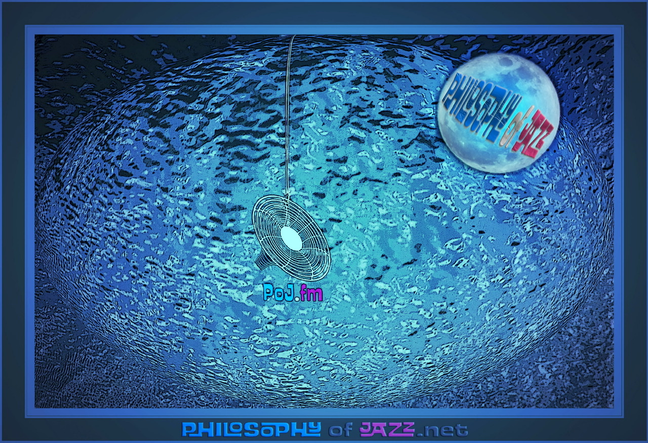The PoJ.fm logo centered at the end of a rope over dark blue water that has an oval spotlight bulge effect underneath it and a blue moon in upper right quadrant with the words "Philosophy of Jazz" splashed across that moon.