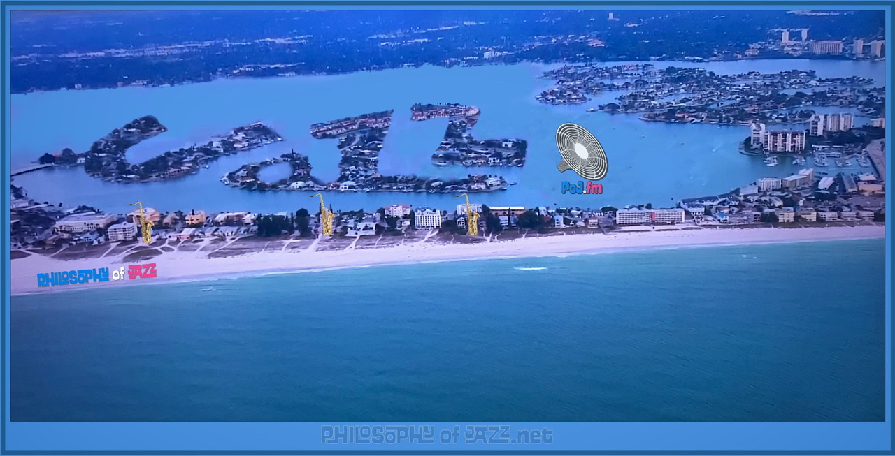 A framed manipulated photograph showing an overhead drone view of several crowded islands in the inlet where islands are shaped like the letters for the word "jazz" with PoJ.fm logo in corner.