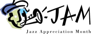 The logo for Jazz Appreciation Month consisting of a cartoon head in blue and green playing a trumpet that blasts out the letters "JAM."
