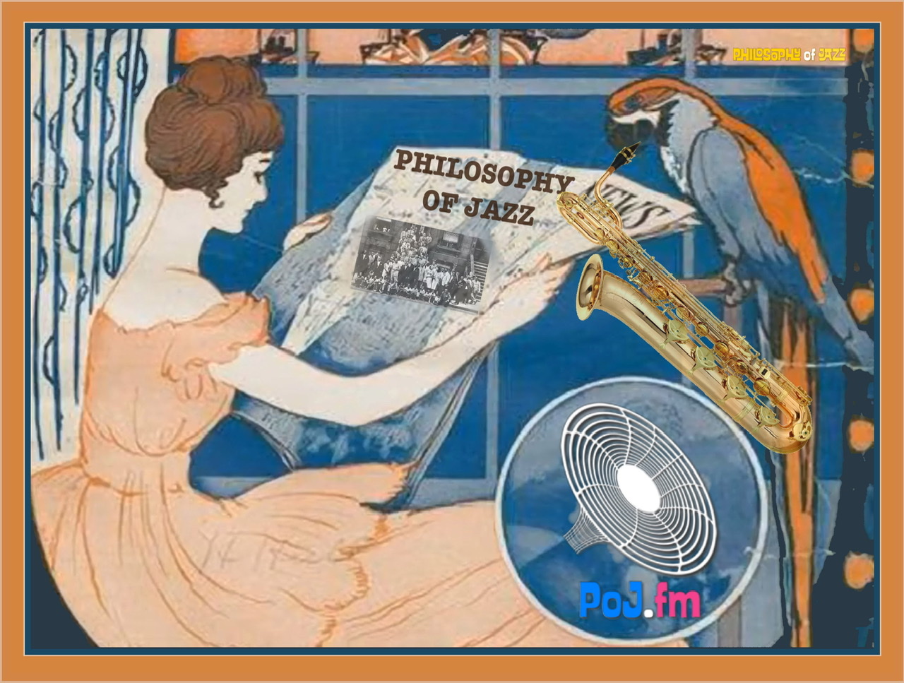 An elegantly dressed women on American 1920s languidly reading the Philosophy of Jazz newspaper with Art Kane's 1958 Esquire jazz photograph centered on front page with a saxophone playing parrot to her right.