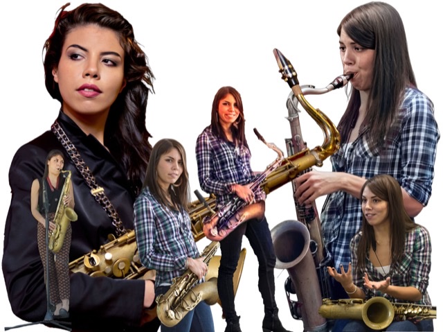An enhanced composite of six transparent photographic cutouts (with some colorized) of Melissa Aldana holding or playing her saxophone with most shots taken in 2015.