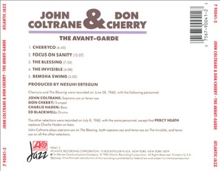 The back side of the album cover for "The Avante Garde" CD by John Coltrane and Don Cherry with two extreme closeups of their heads while playing their instruments with Coltrane on left side.
