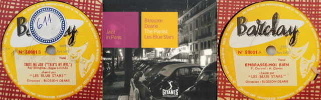 Three pictures of LP records made by Les Blue Flames with a front of a compilation album and on either side of that album cover are pictures of the record labels with  their songs.